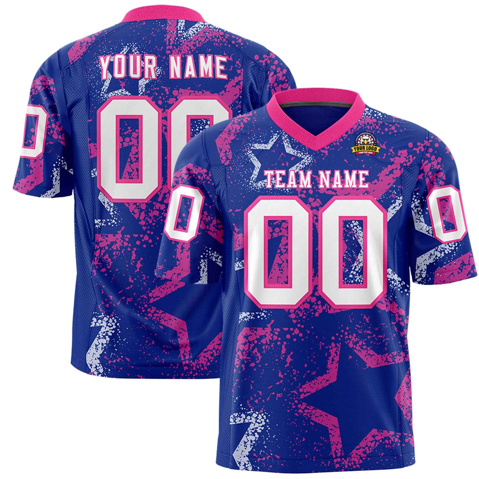 Custom Royal Blue White-Pink Mesh Star Football Jersey