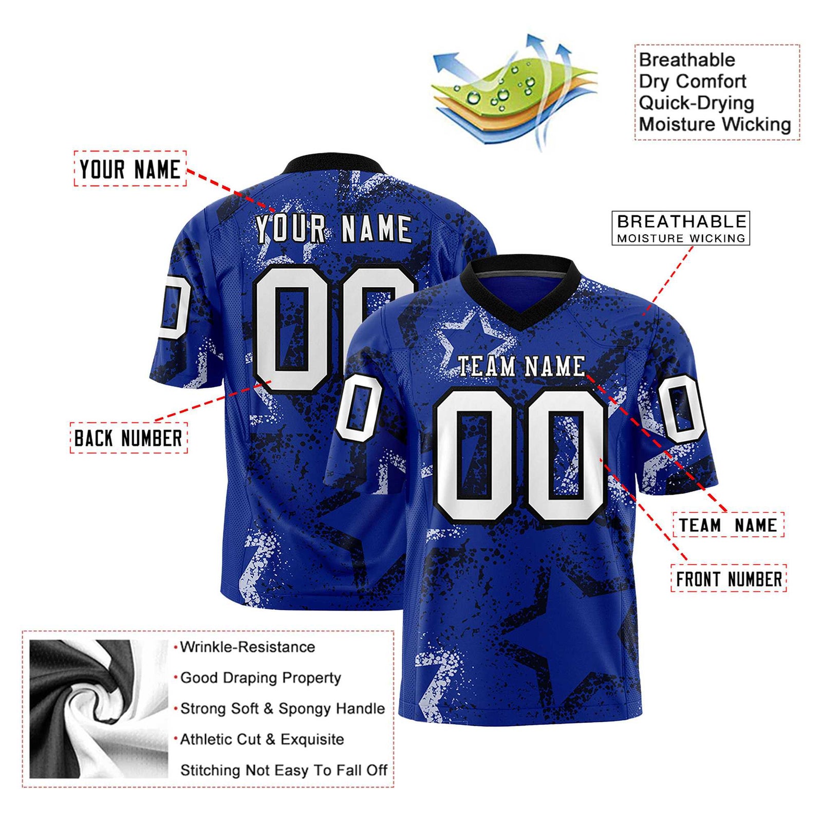 Custom Royal Blue White-Black Mesh Star Football Jersey