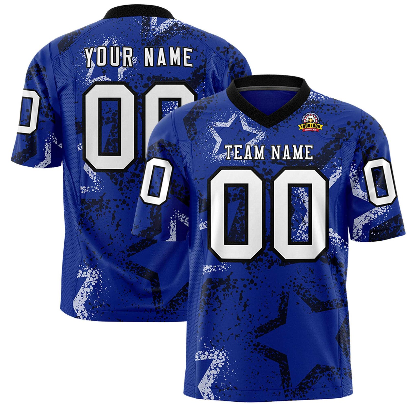 Custom Royal Blue White-Black Mesh Star Football Jersey