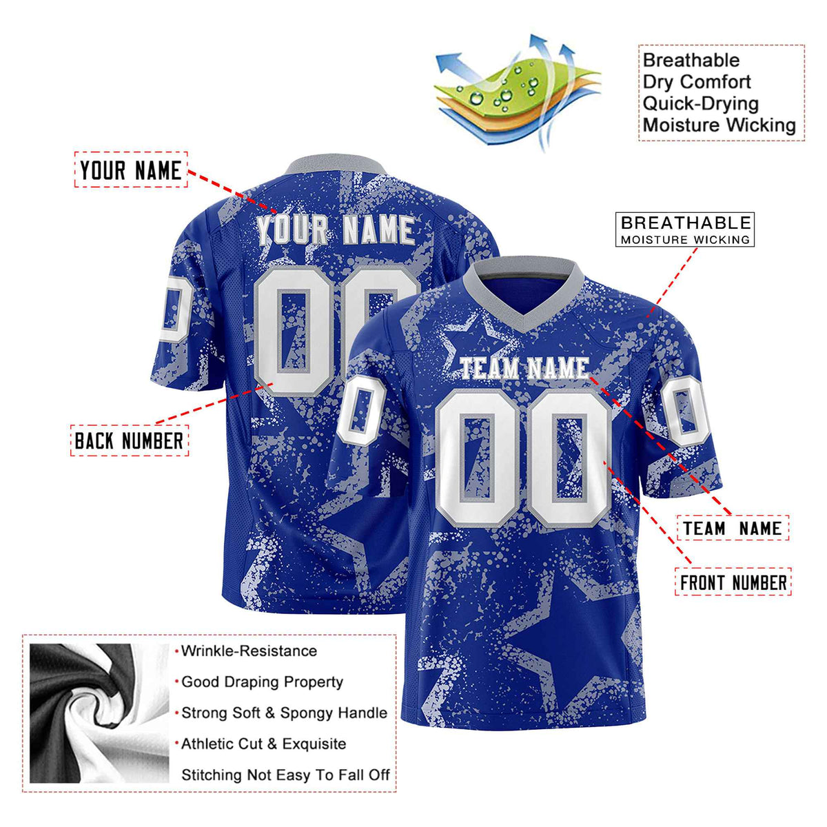 Custom Royal Blue Gray-White Mesh Star Football Jersey