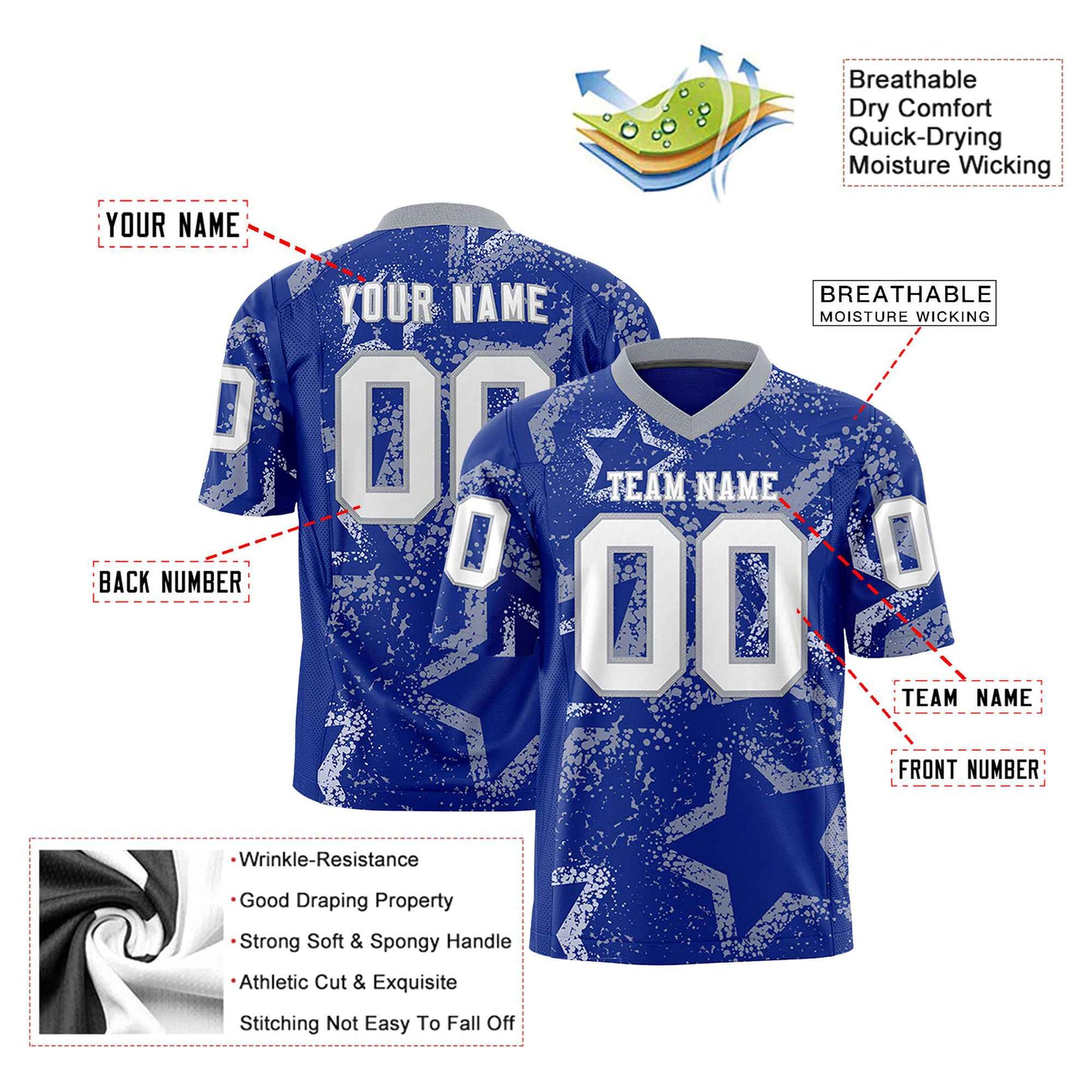 Custom Royal Blue Gray-White Mesh Star Football Jersey