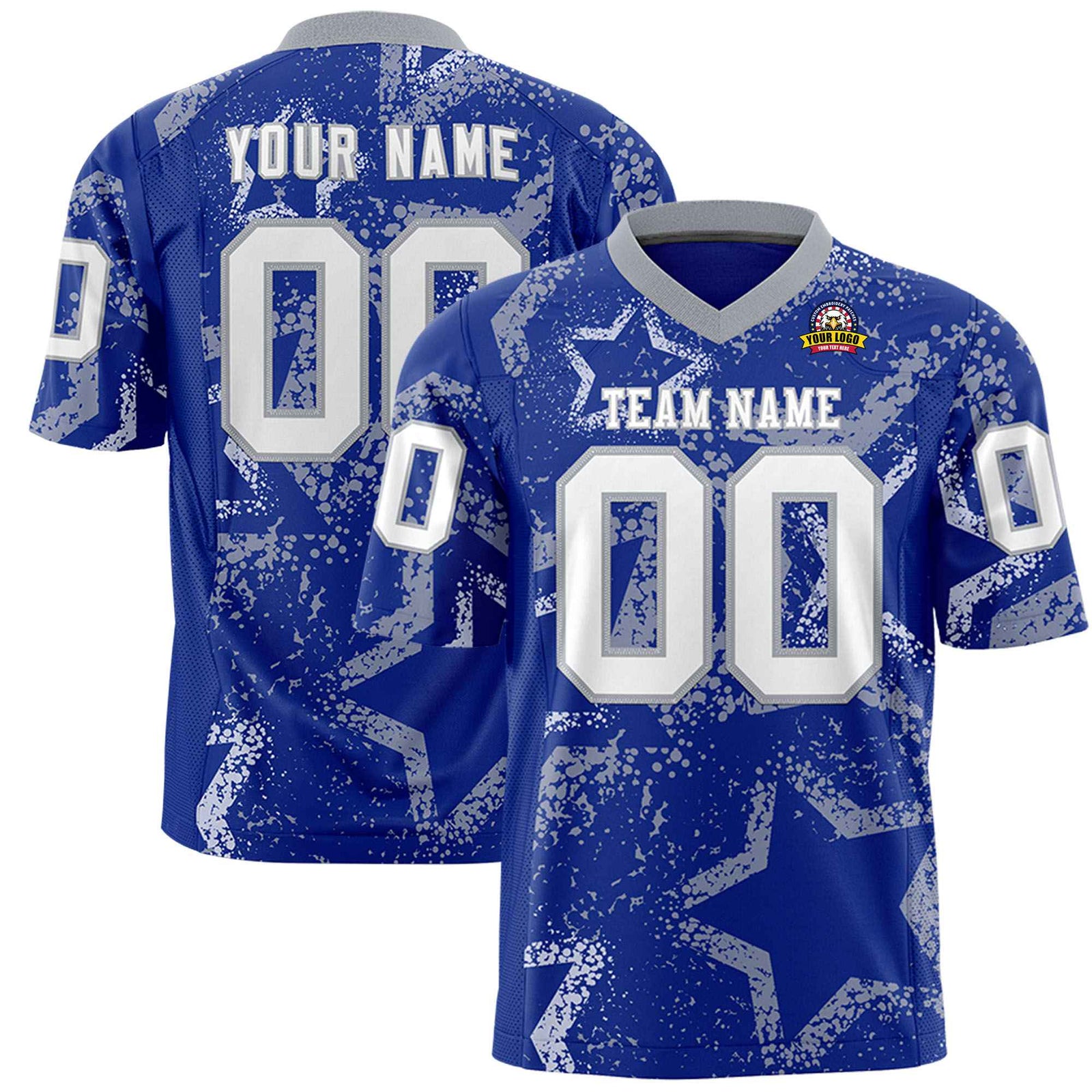 Custom Royal Blue Gray-White Mesh Star Football Jersey