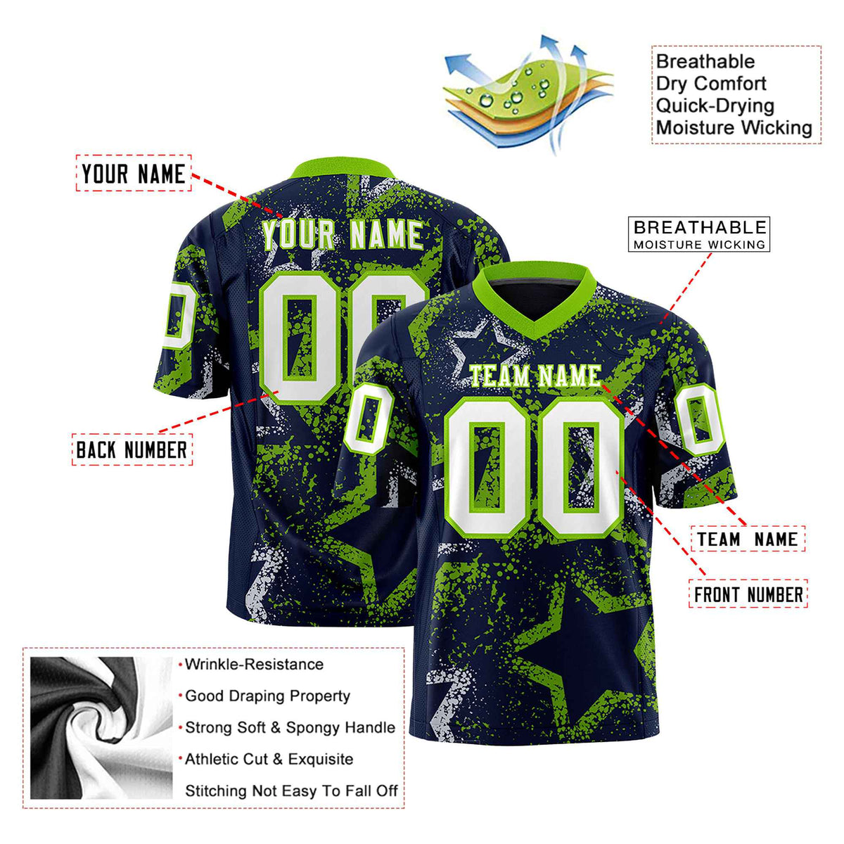 Custom Navy White Neon-Green Mesh Star Football Jersey