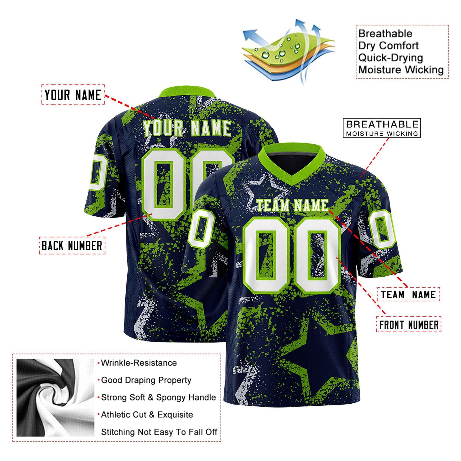 Custom Navy White Neon-Green Mesh Star Football Jersey