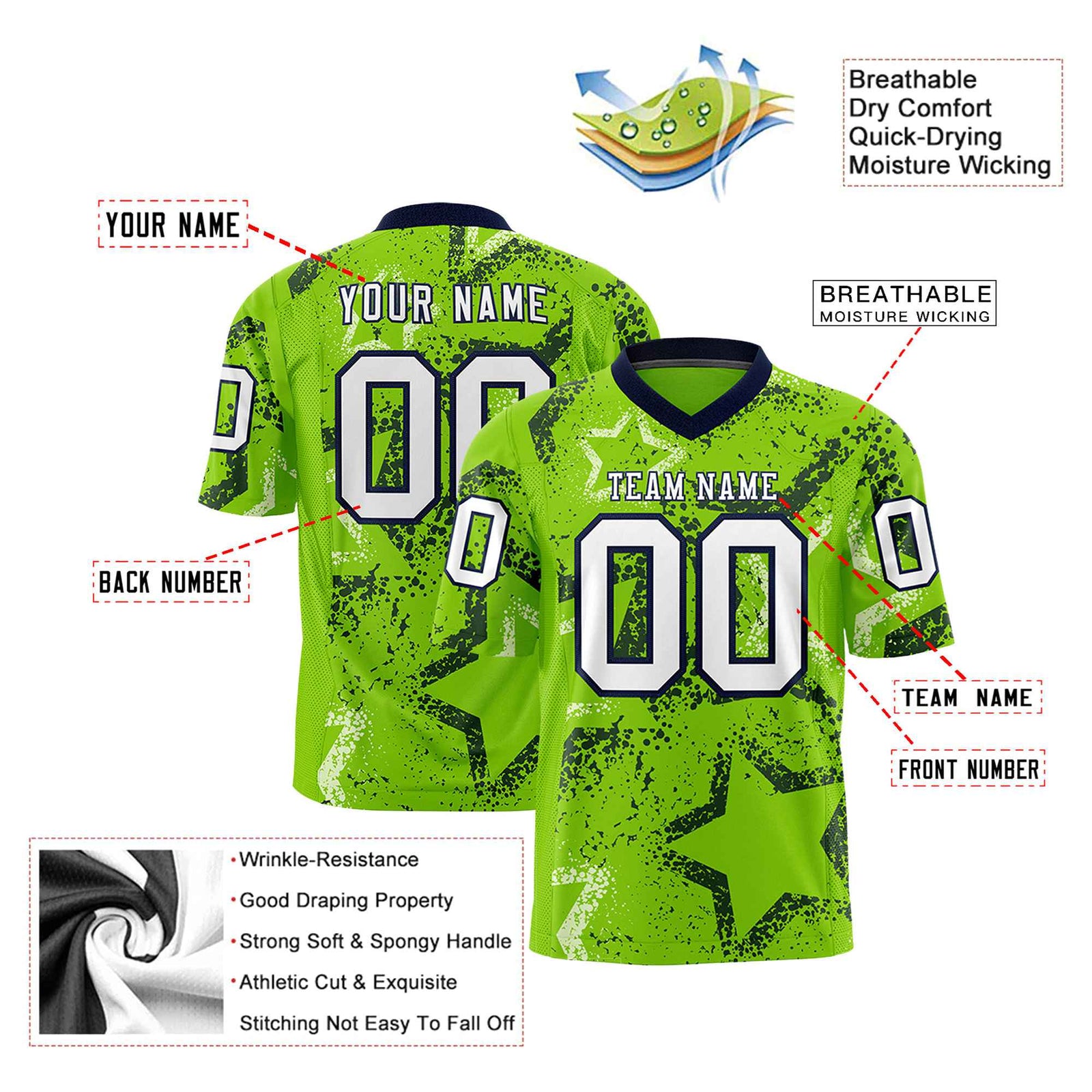 Custom Neon Green White-Navy Mesh Star Football Jersey
