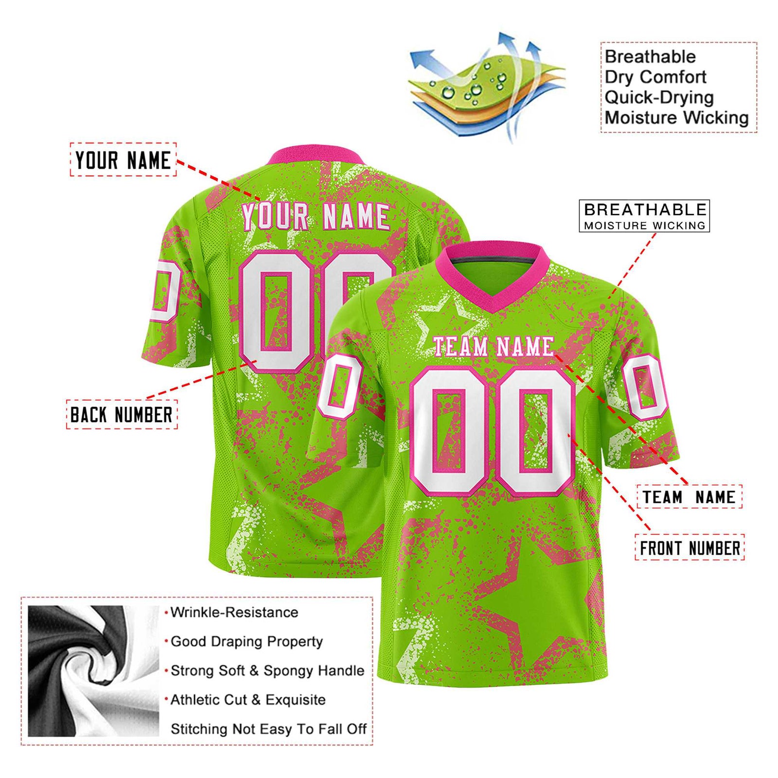 Custom Neon Green Pink-White Mesh Star Football Jersey
