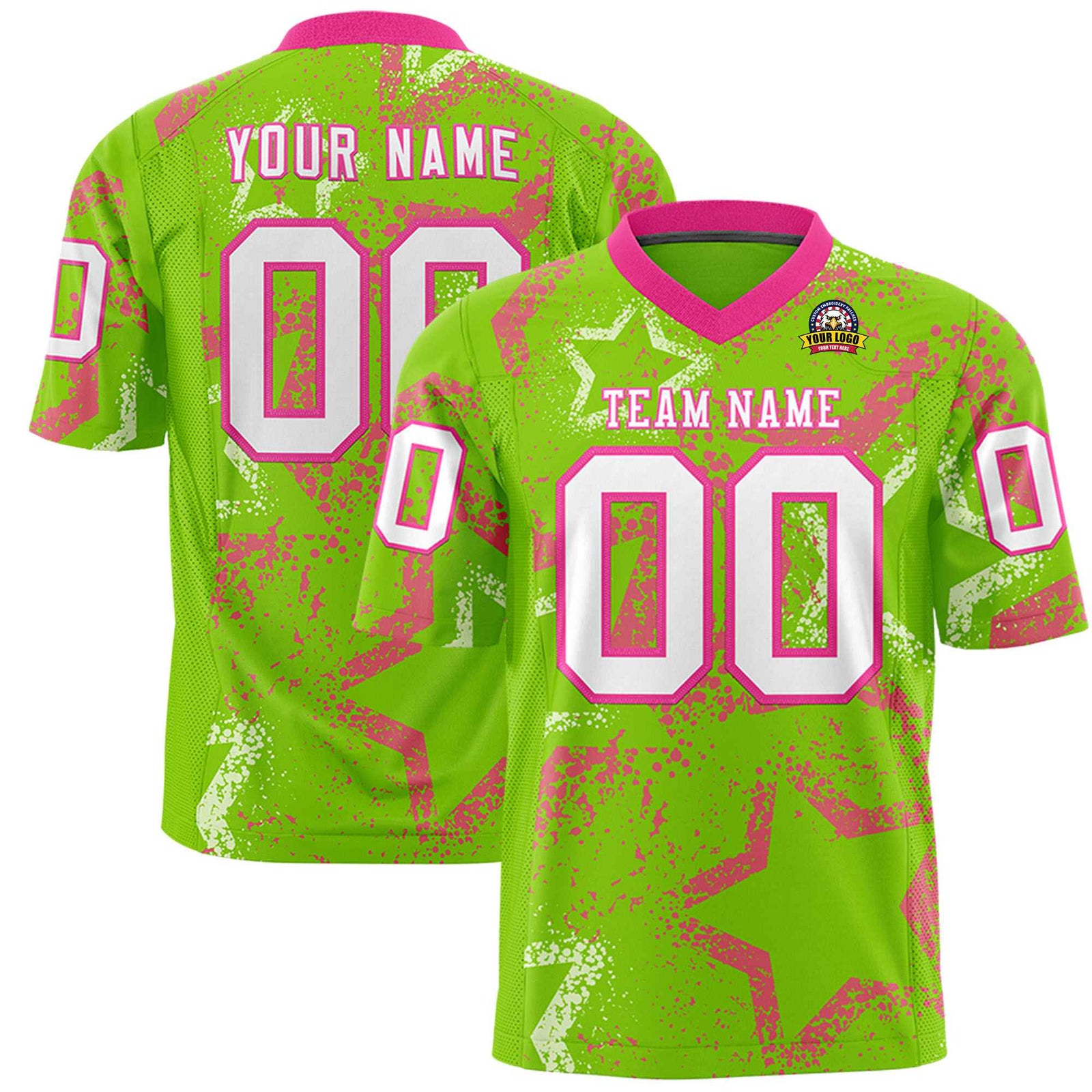 Custom Neon Green Pink-White Mesh Star Football Jersey
