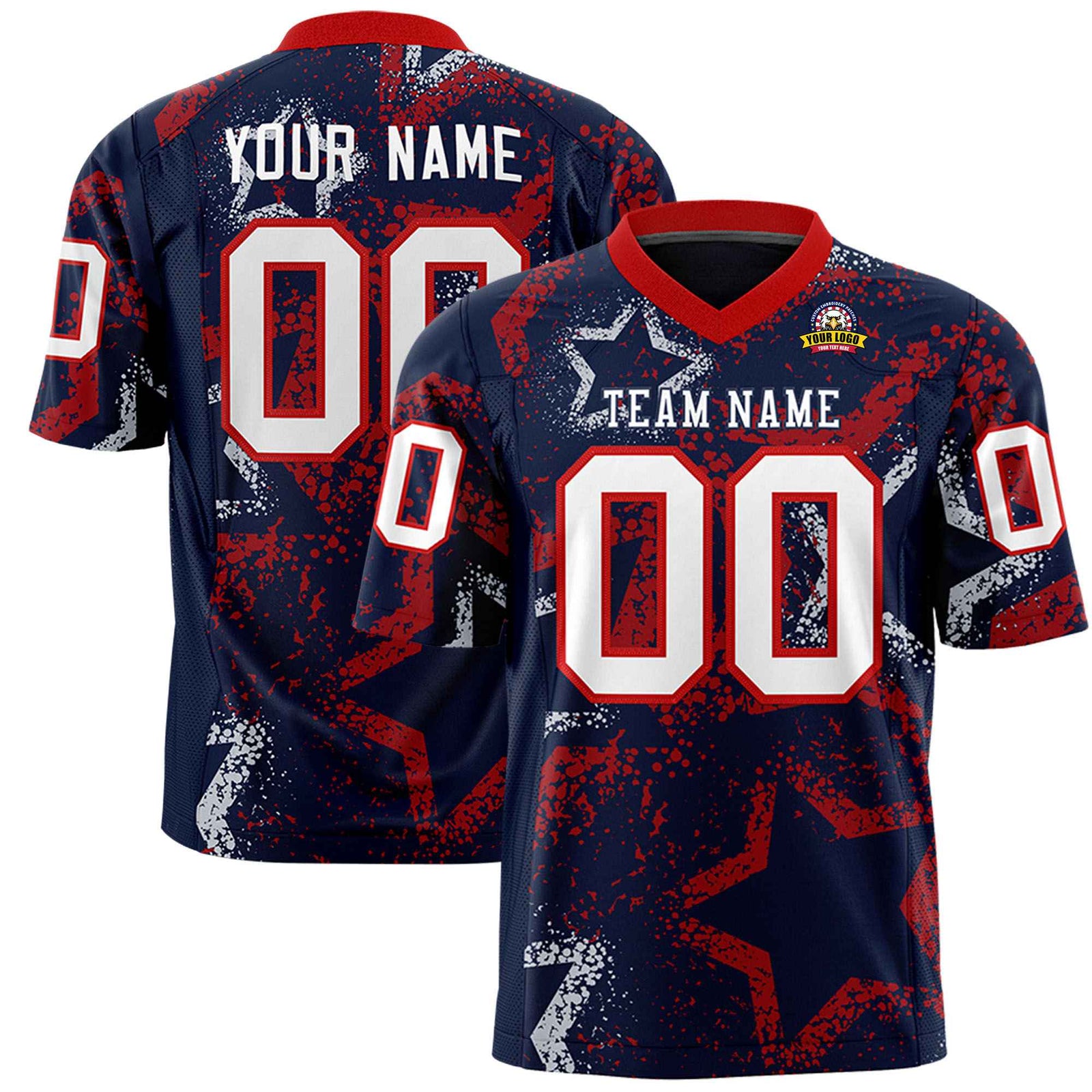 Custom Navy White-Red Mesh Star Football Jersey