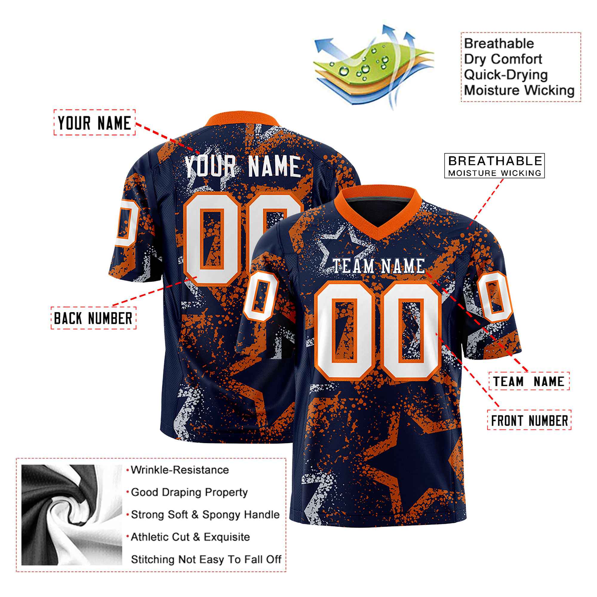 Custom Navy White-Orange Mesh Star Football Jersey