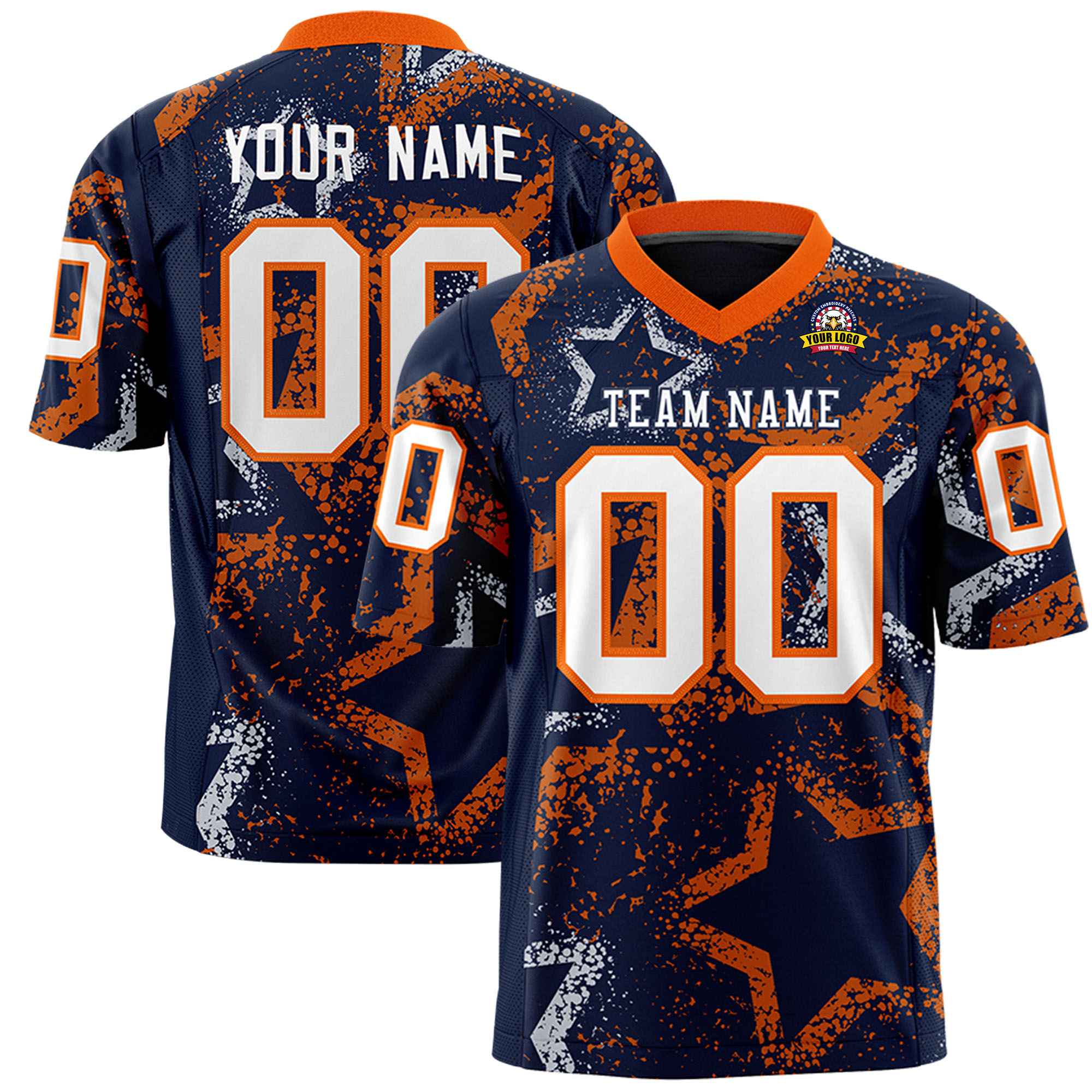 Custom Navy White-Orange Mesh Star Football Jersey