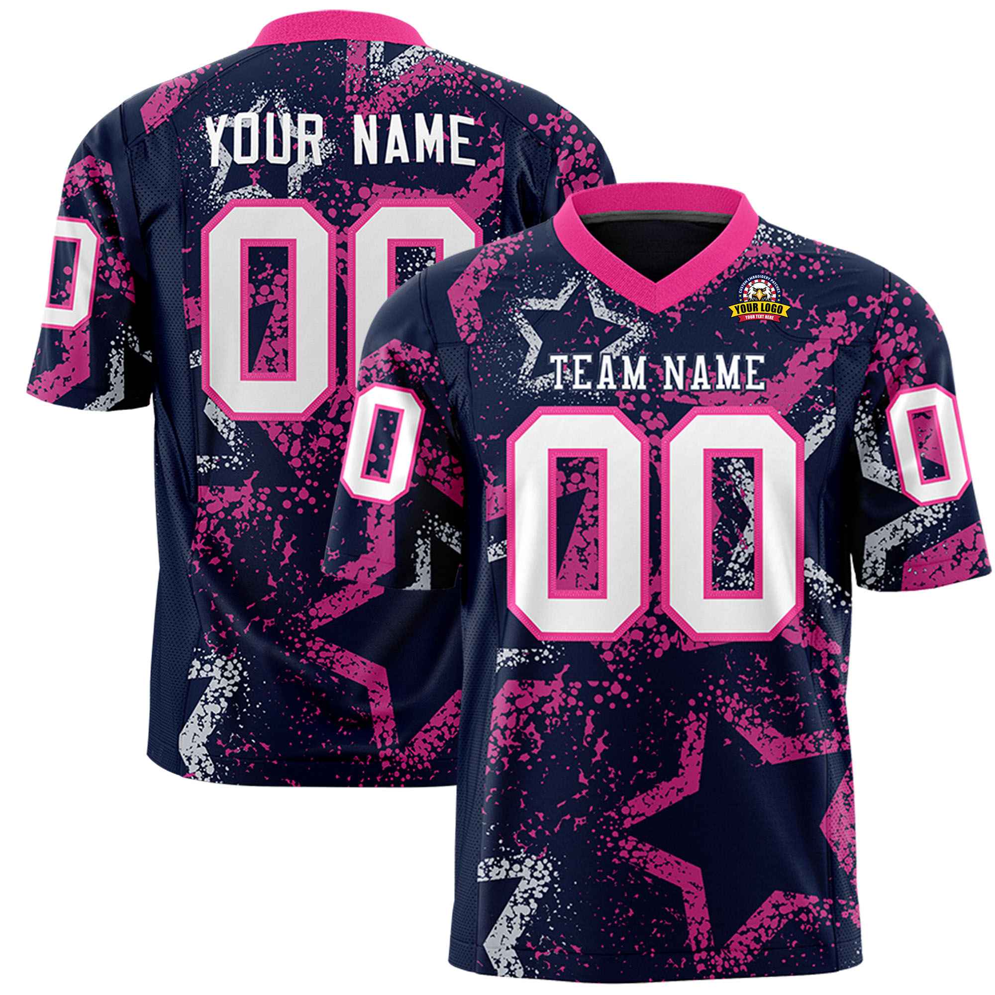 Custom Navy White-Pink Mesh Star Football Jersey