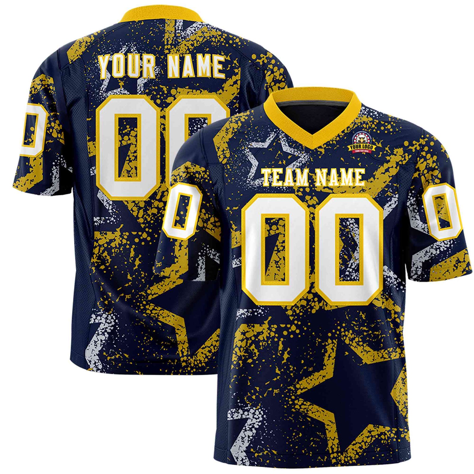 Custom Navy White-Gold Mesh Star Football Jersey
