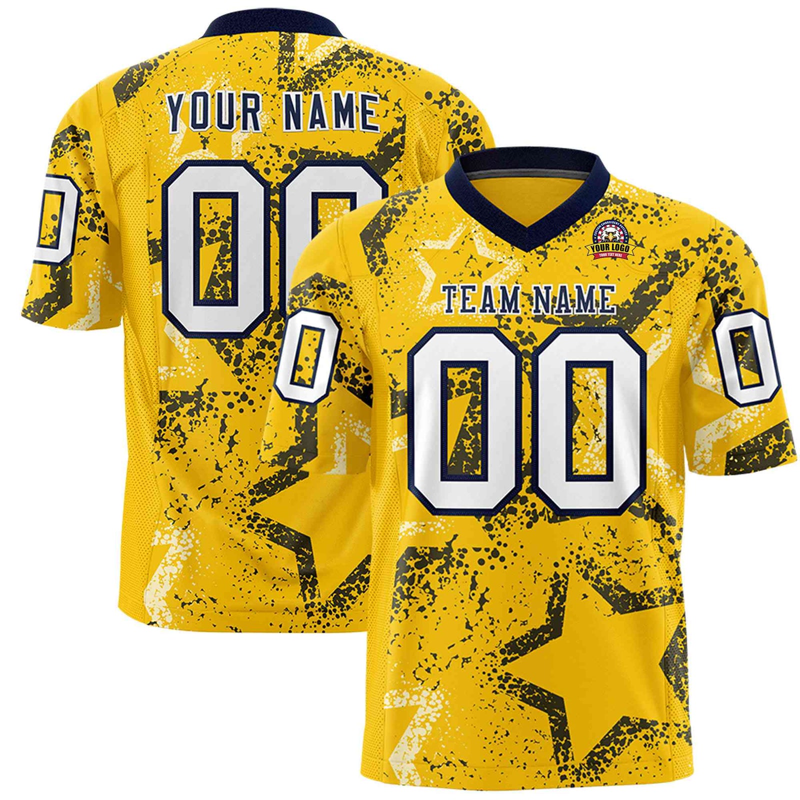 Custom Gold White-Navy Mesh Star Football Jersey