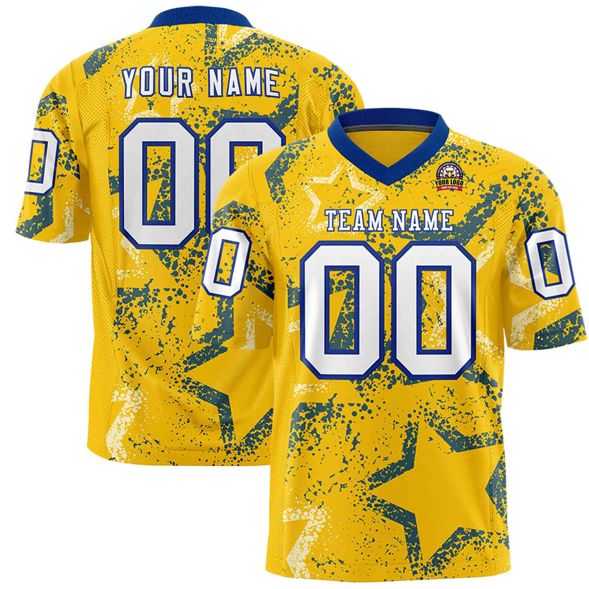 Custom Gold White-Royal Blue Mesh Star Football Jersey