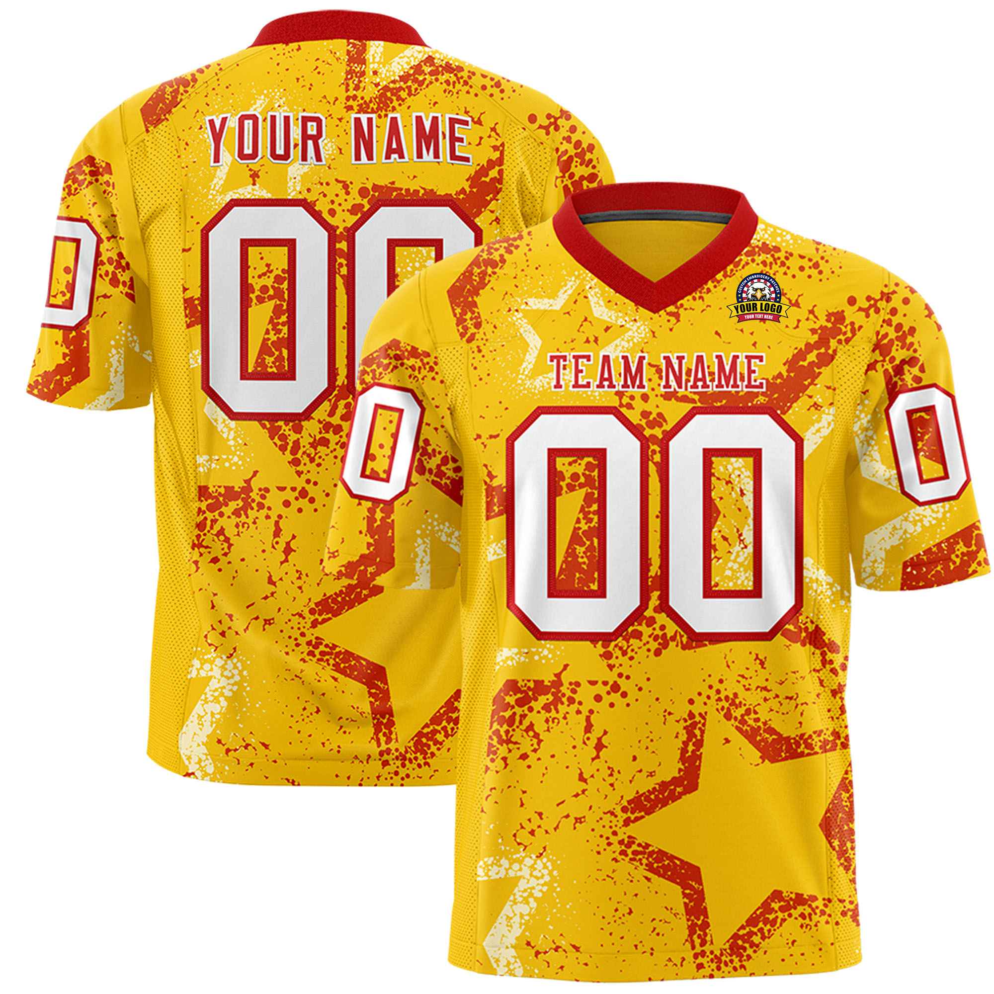 Custom Gold White-Red Mesh Star Football Jersey