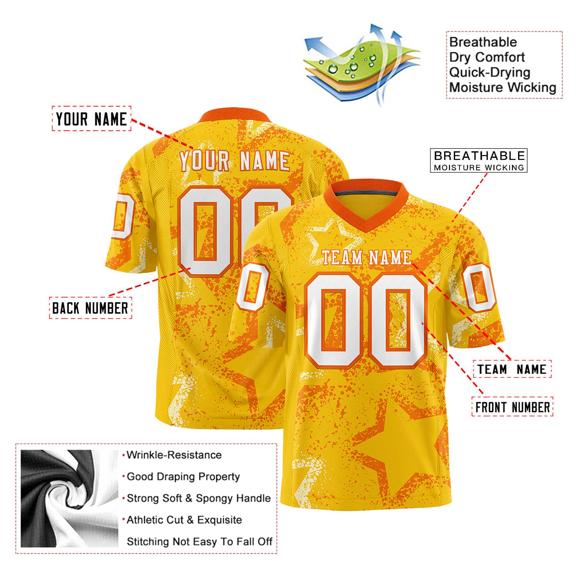 Custom Gold White-Orange Mesh Star Football Jersey