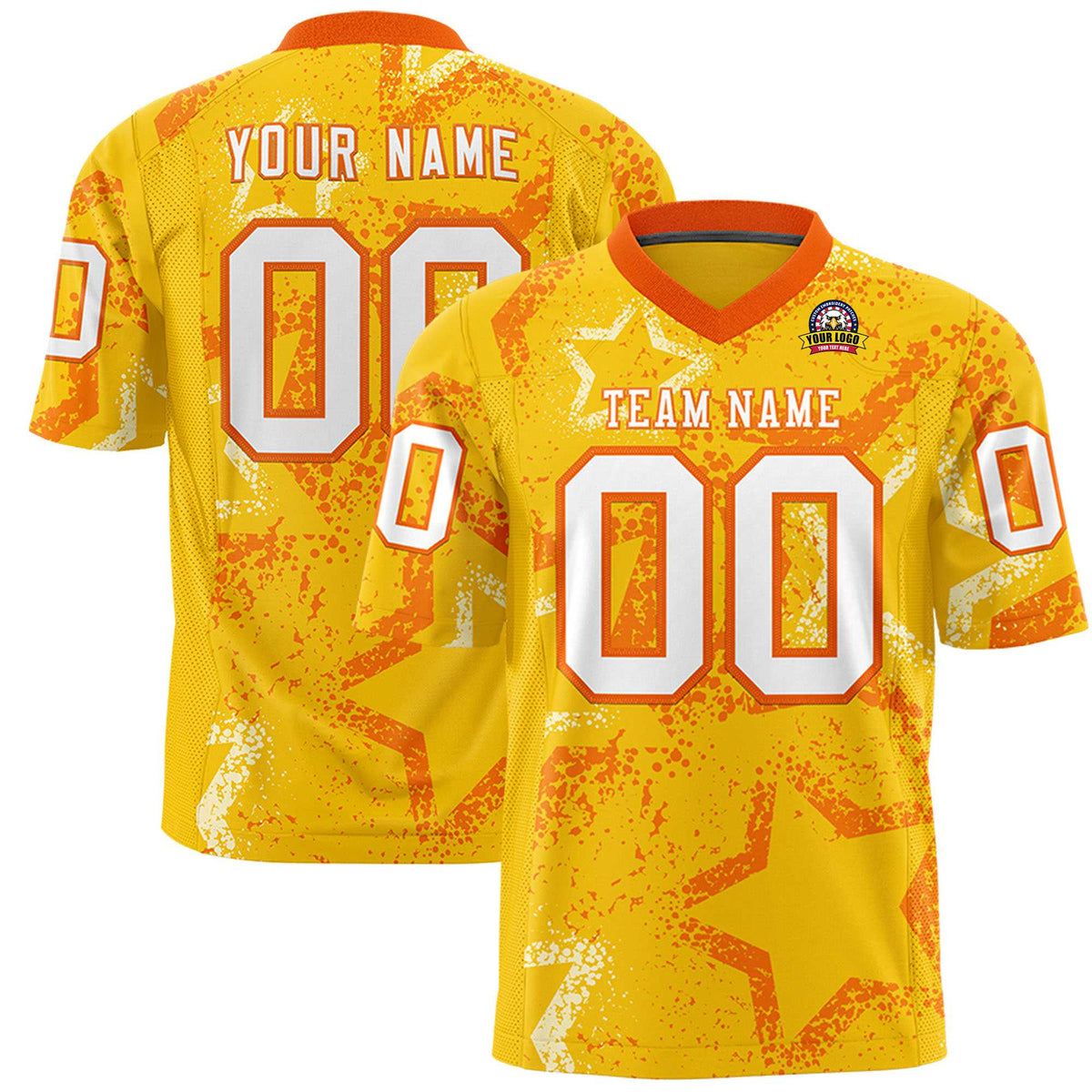 Custom Gold White-Orange Mesh Star Football Jersey