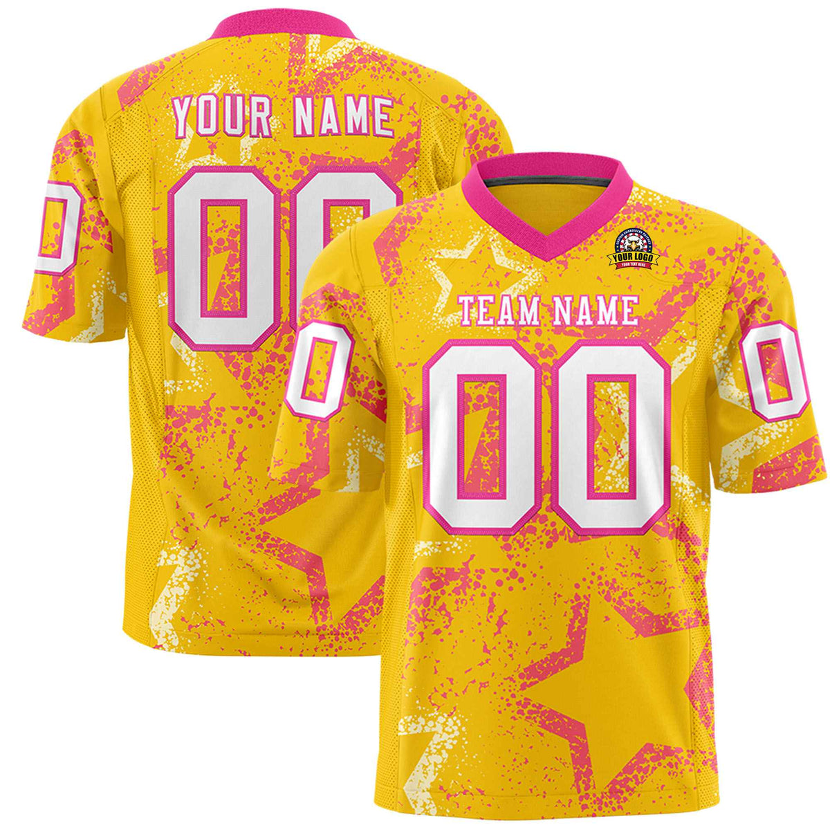 Custom Gold White-Pink Mesh Star Football Jersey