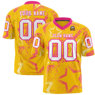 Camiseta de fútbol personalizada de malla dorada, blanca y rosa con estrellas