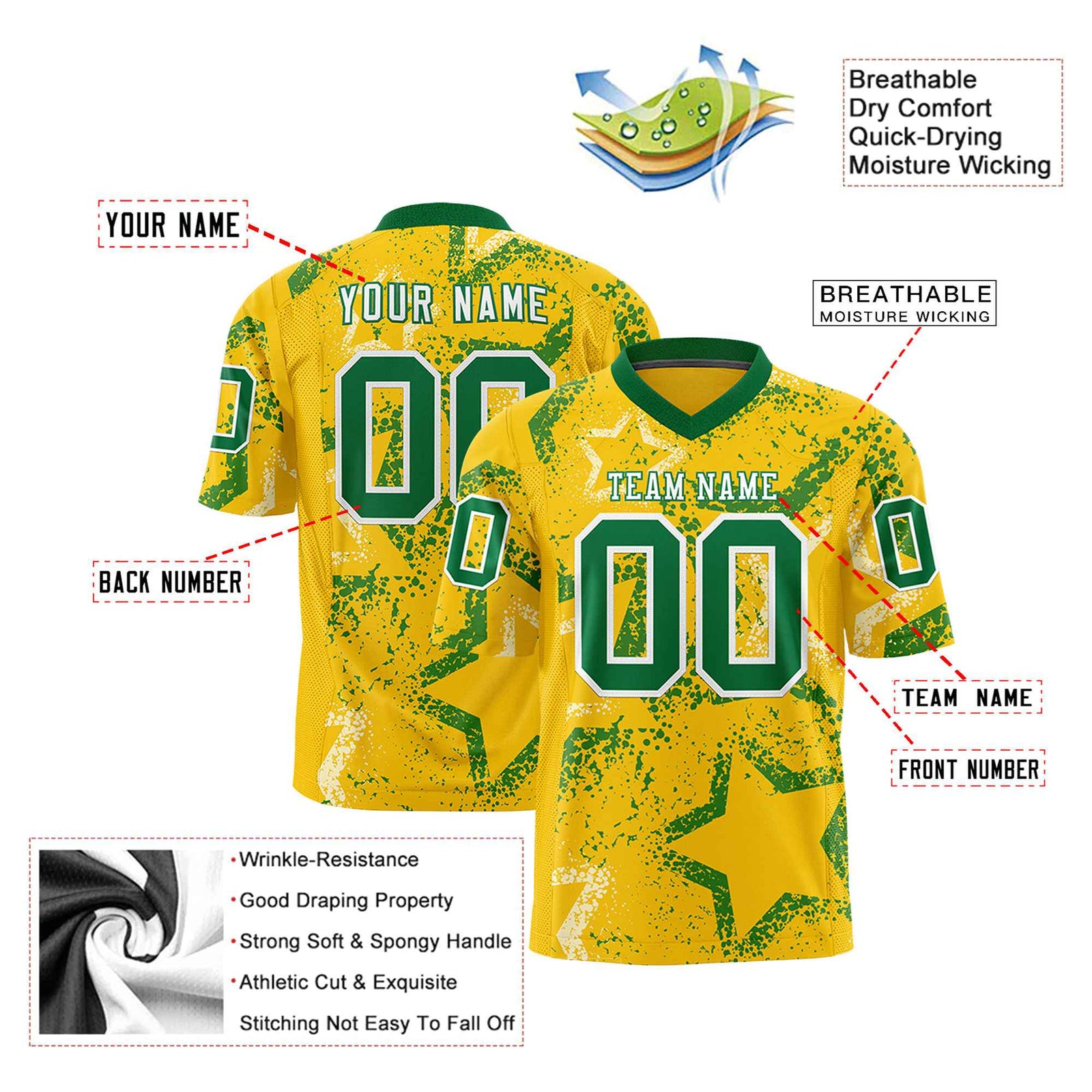Custom Gold Kelly Green-White Mesh Star Football Jersey