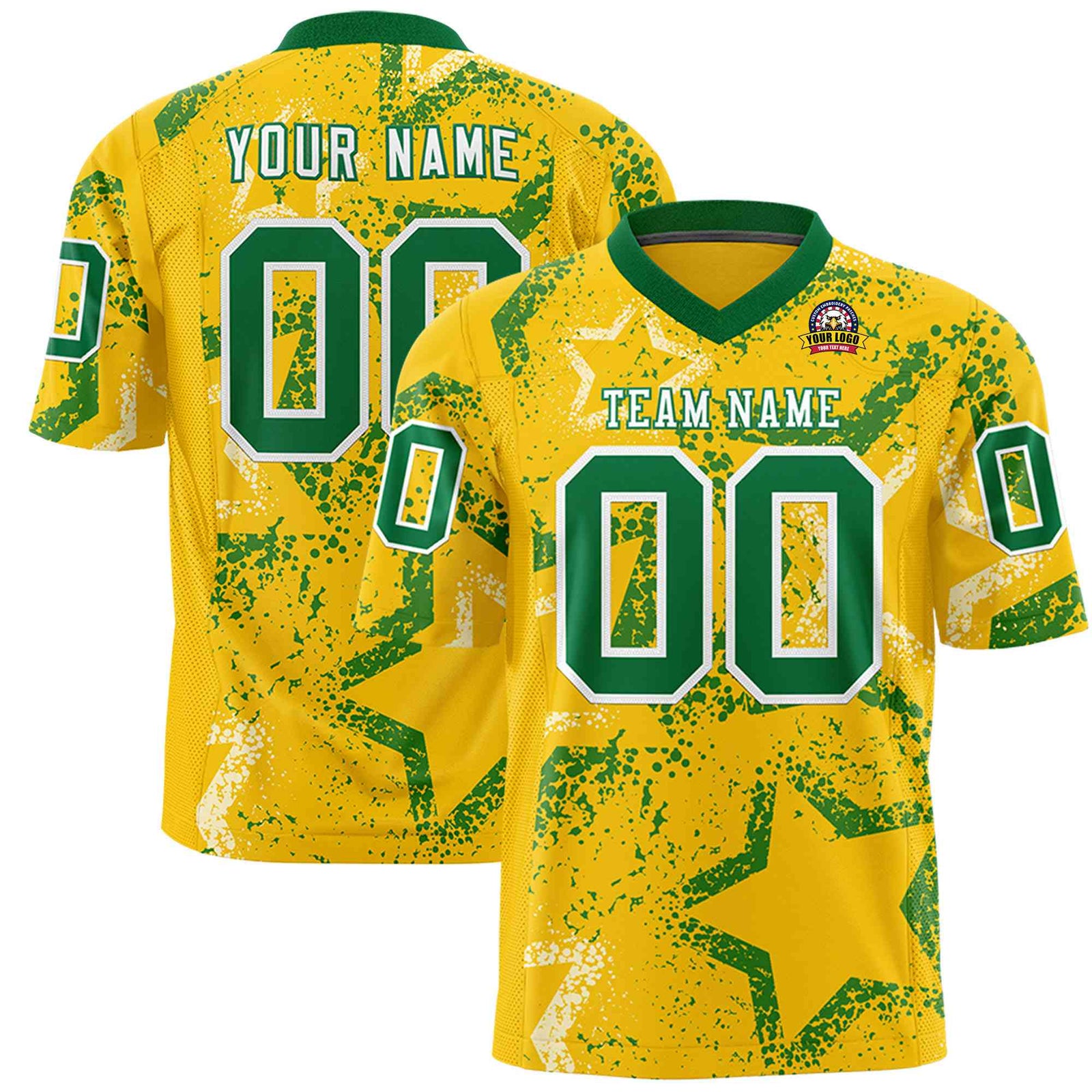 Custom Gold Kelly Green-White Mesh Star Football Jersey