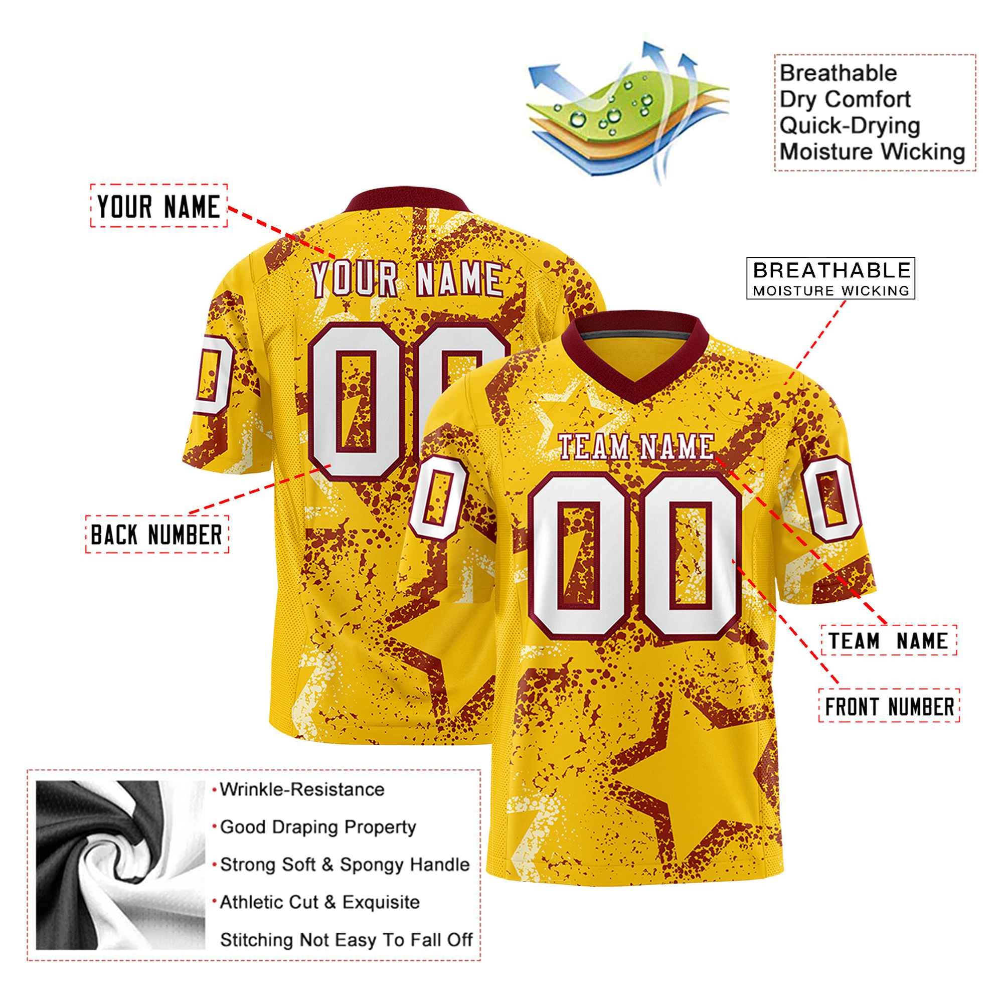 Custom Gold White-Crimson Mesh Star Football Jersey