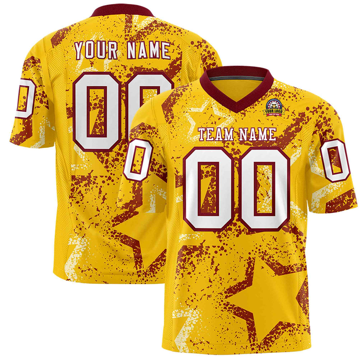 Custom Gold White-Crimson Mesh Star Football Jersey