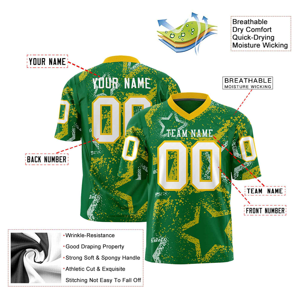 Custom Kelly Green White-Gold Mesh Star Football Jersey
