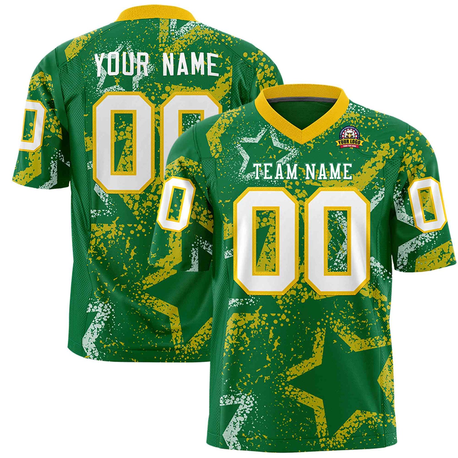Custom Kelly Green White-Gold Mesh Star Football Jersey