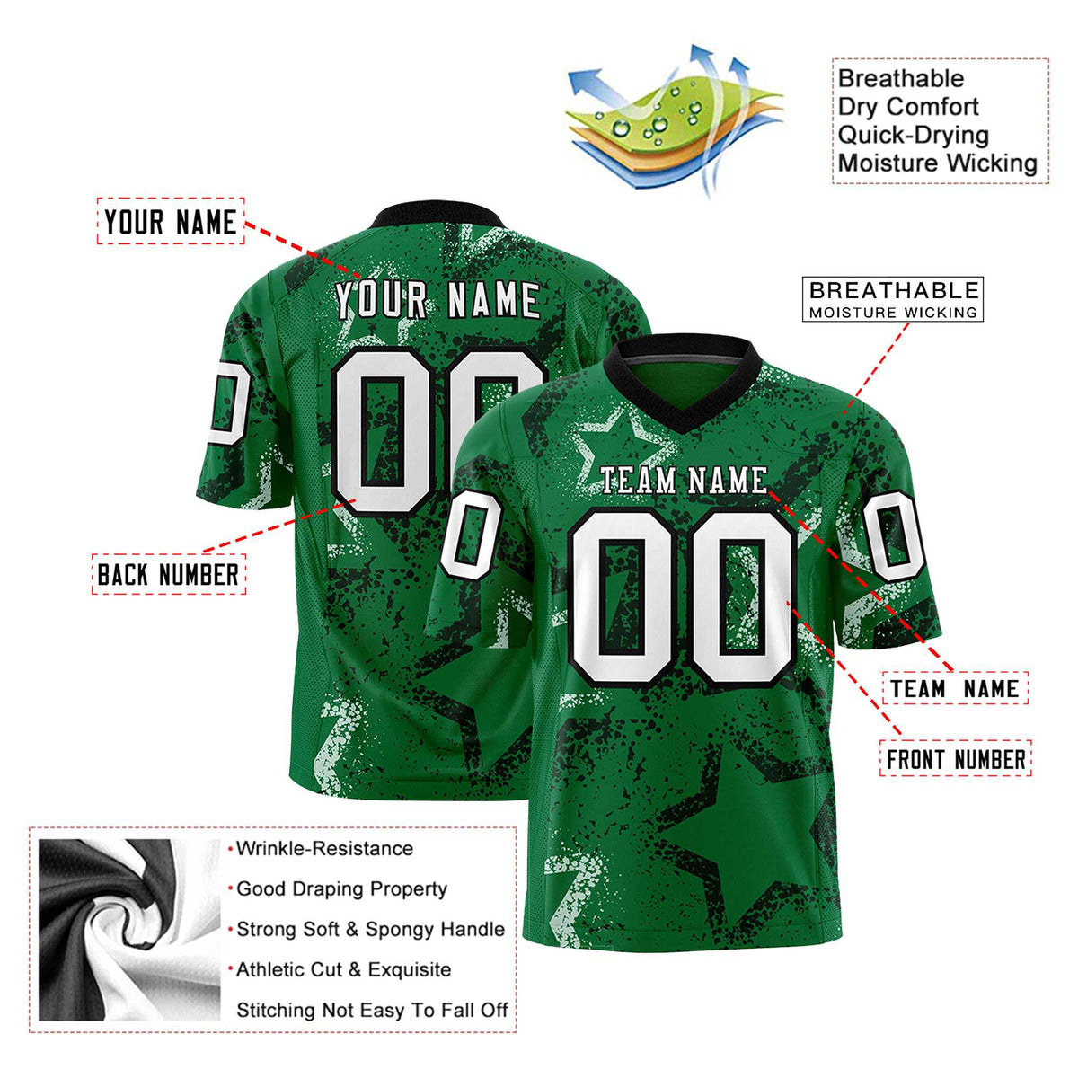 Custom Kelly Green White-Black Mesh Star Football Jersey