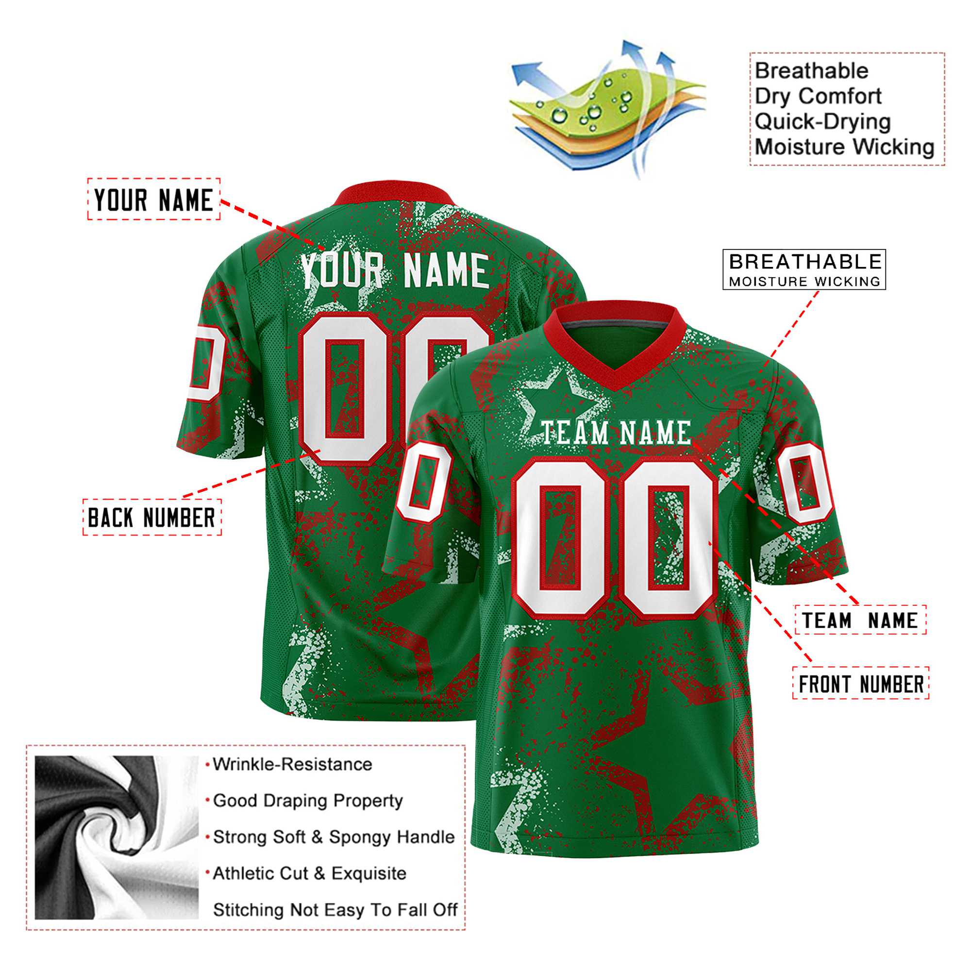 Custom Kelly Green White-Red Mesh Star Football Jersey