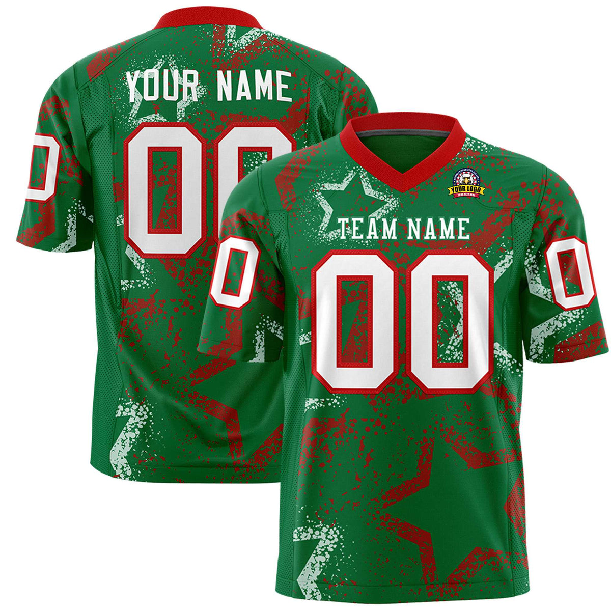 Custom Kelly Green White-Red Mesh Star Football Jersey