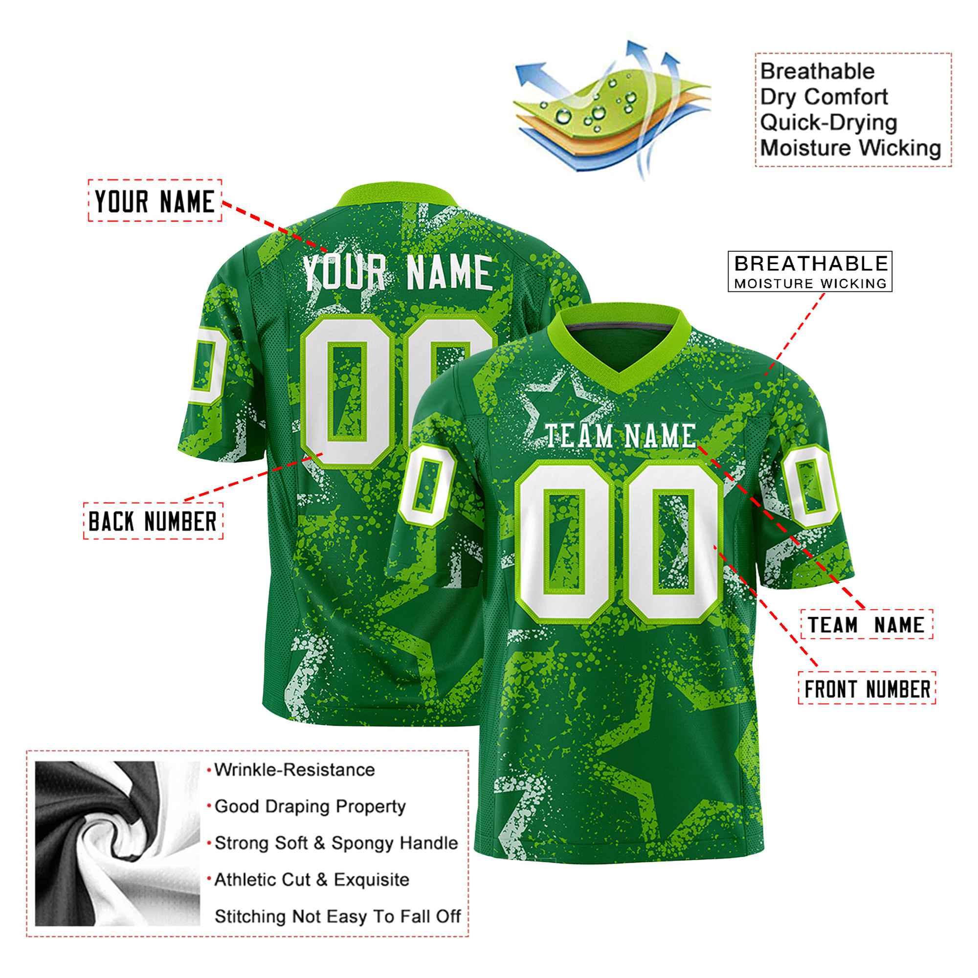 Custom Kelly Green White-Neon Green Mesh Star Football Jersey