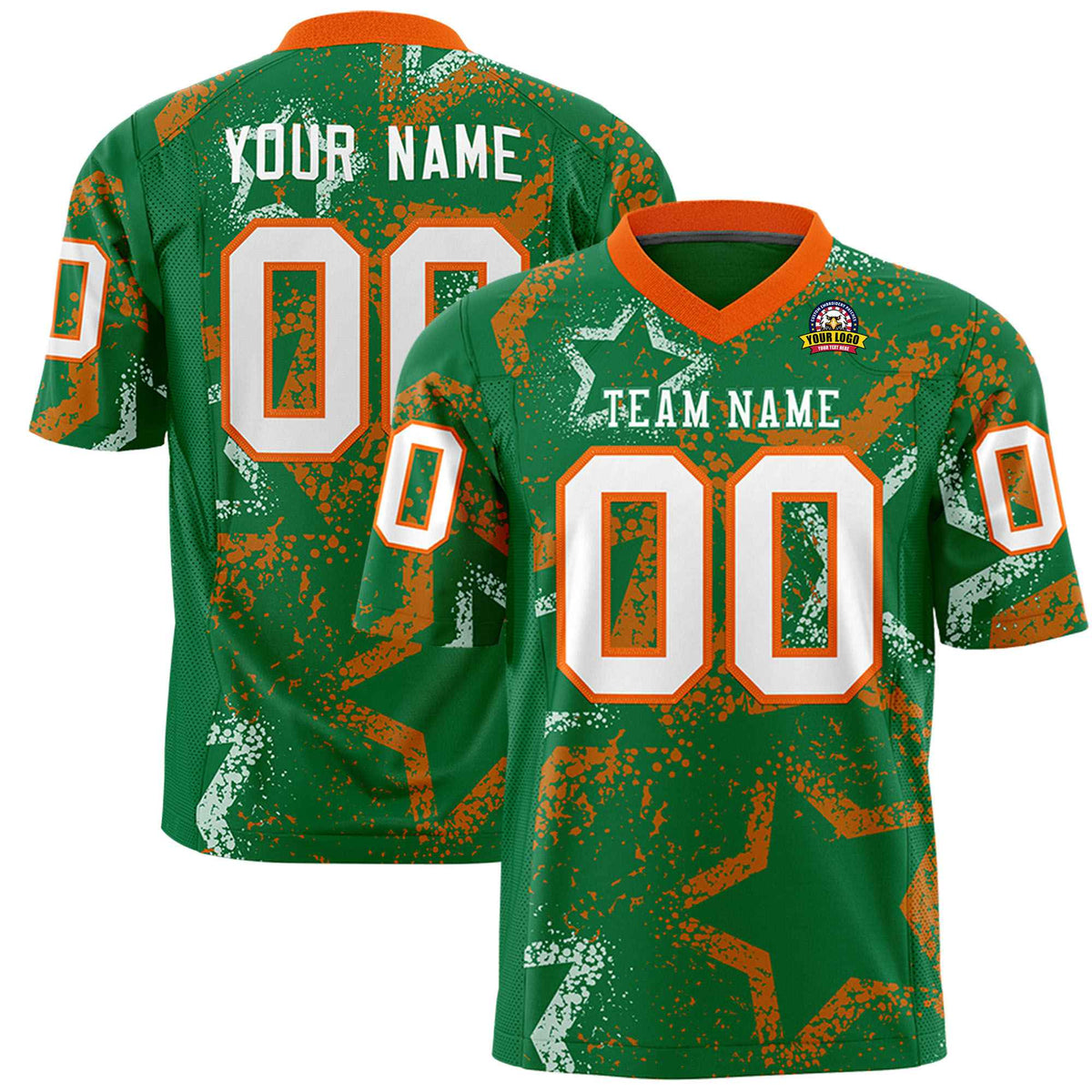 Custom Kelly Green White-Orange Mesh Star Football Jersey