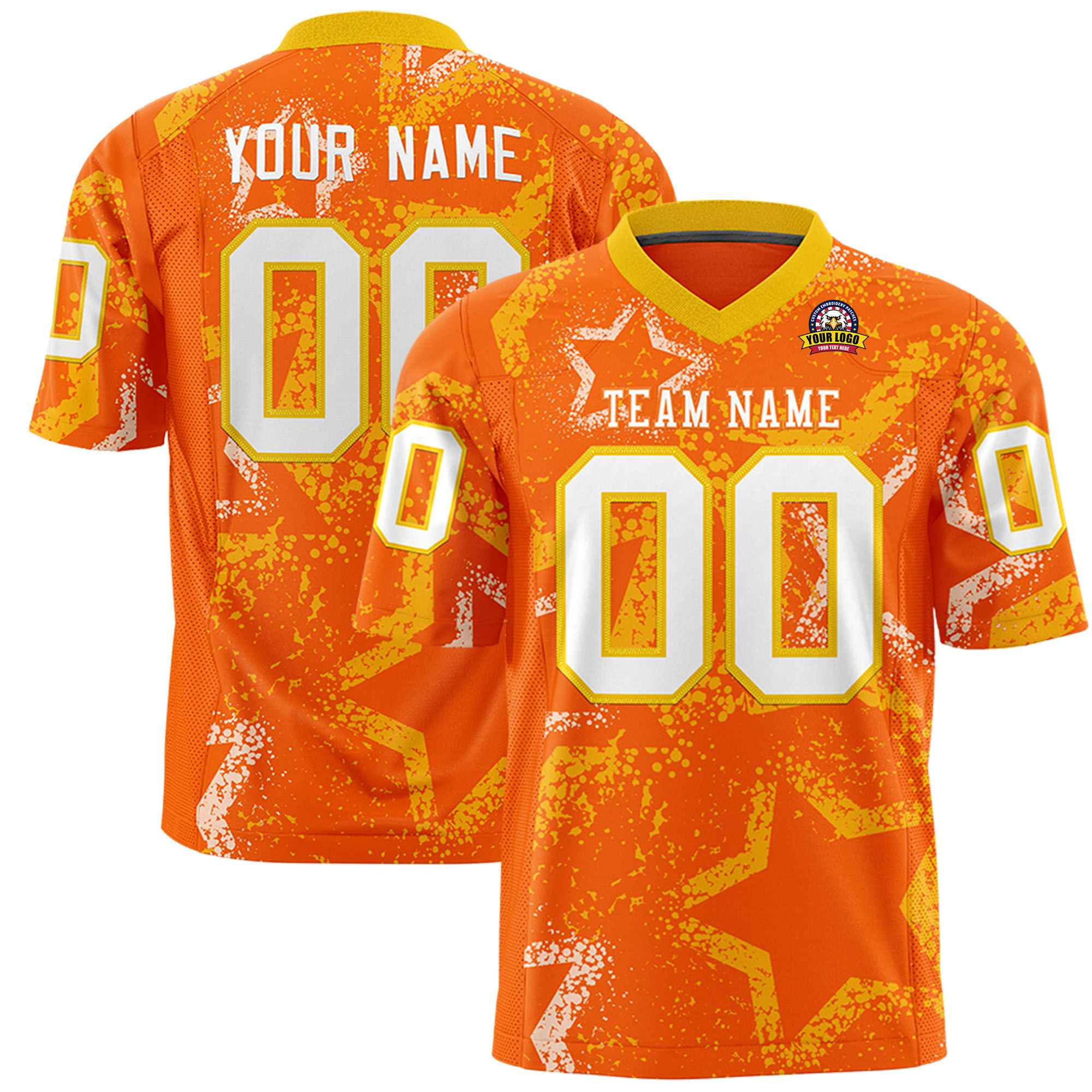 Custom Orange White-Gold Mesh Star Football Jersey