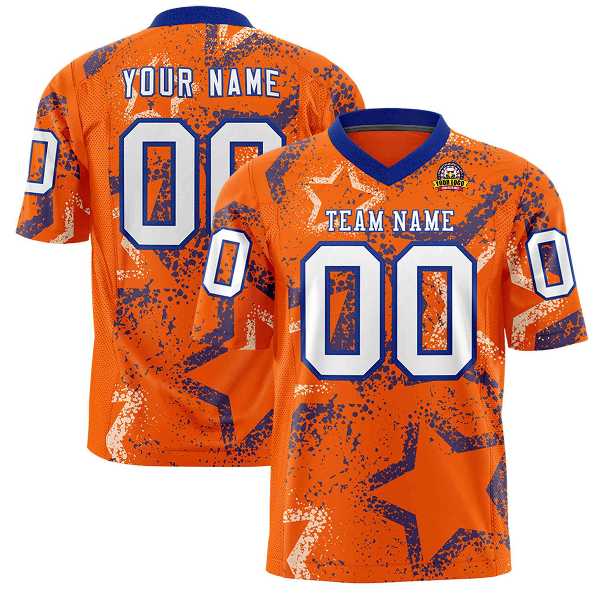 Custom Orange White-Royal Blue Mesh Star Football Jersey