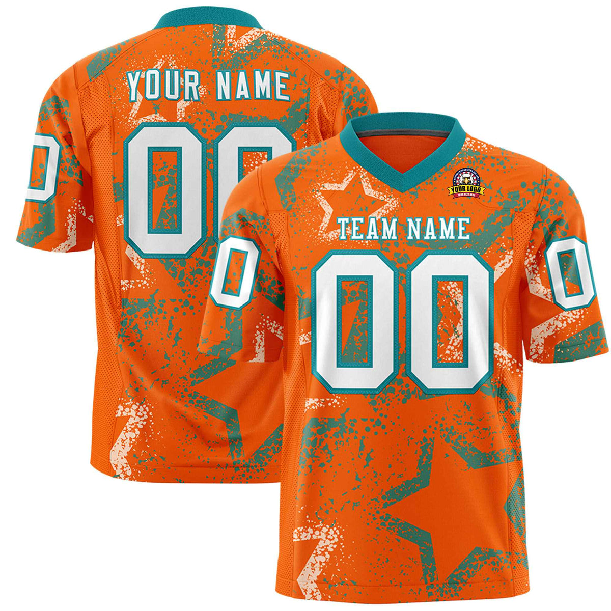 Custom Orange White-Aqua Mesh Star Football Jersey