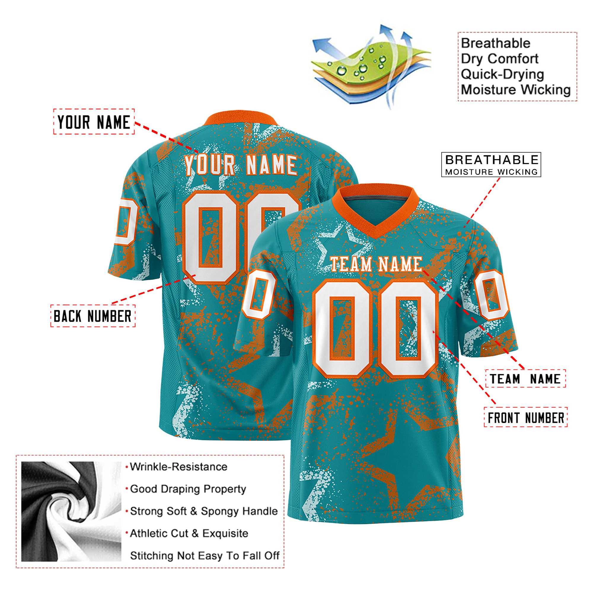 Custom Aqua White-Orange Mesh Star Football Jersey