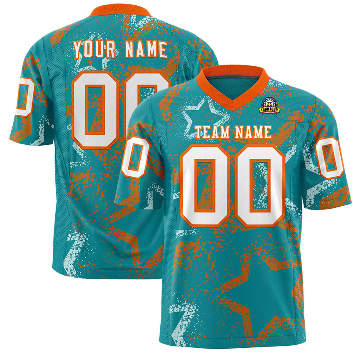 Custom Aqua White-Orange Mesh Star Football Jersey