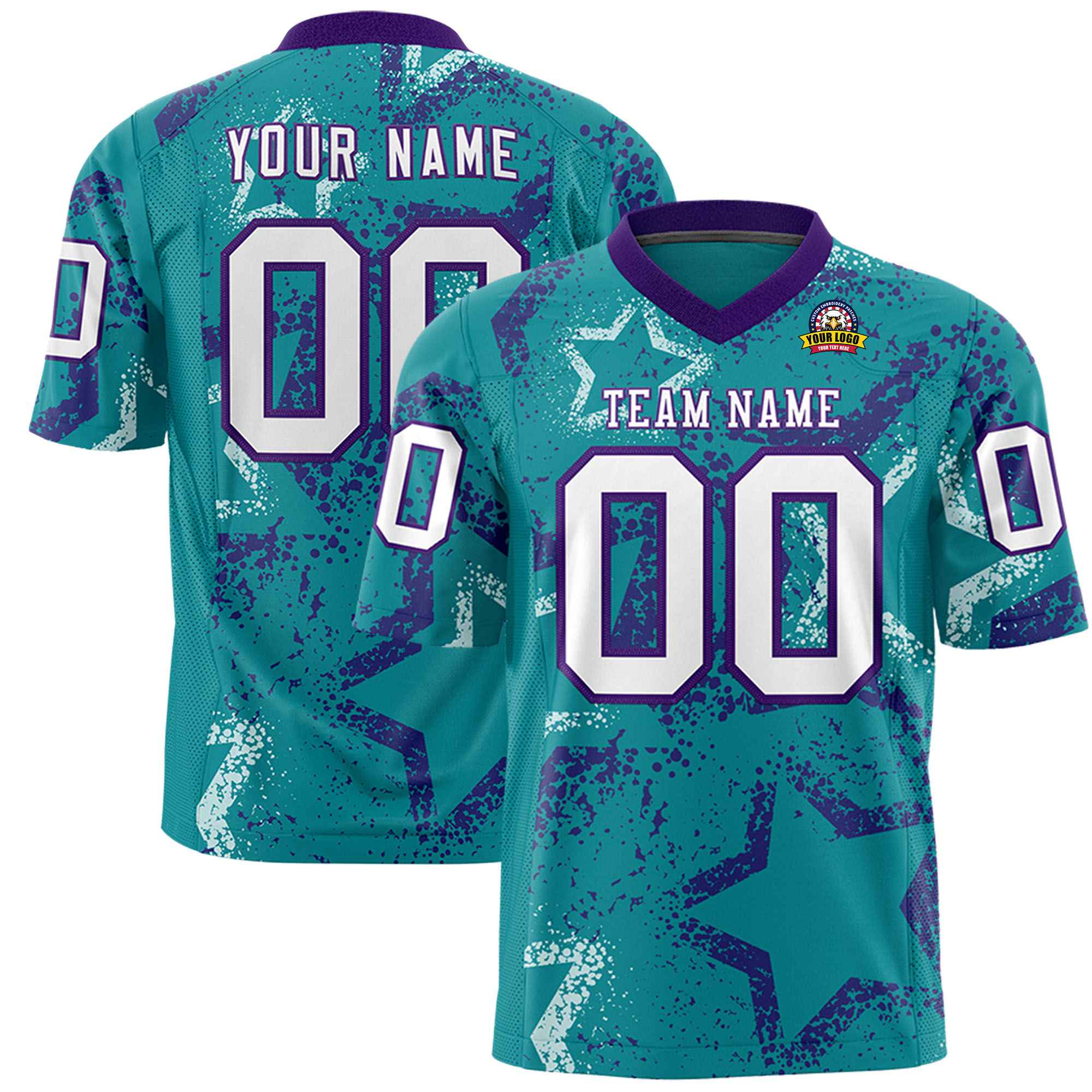 Custom Aqua White-Purple Mesh Star Football Jersey