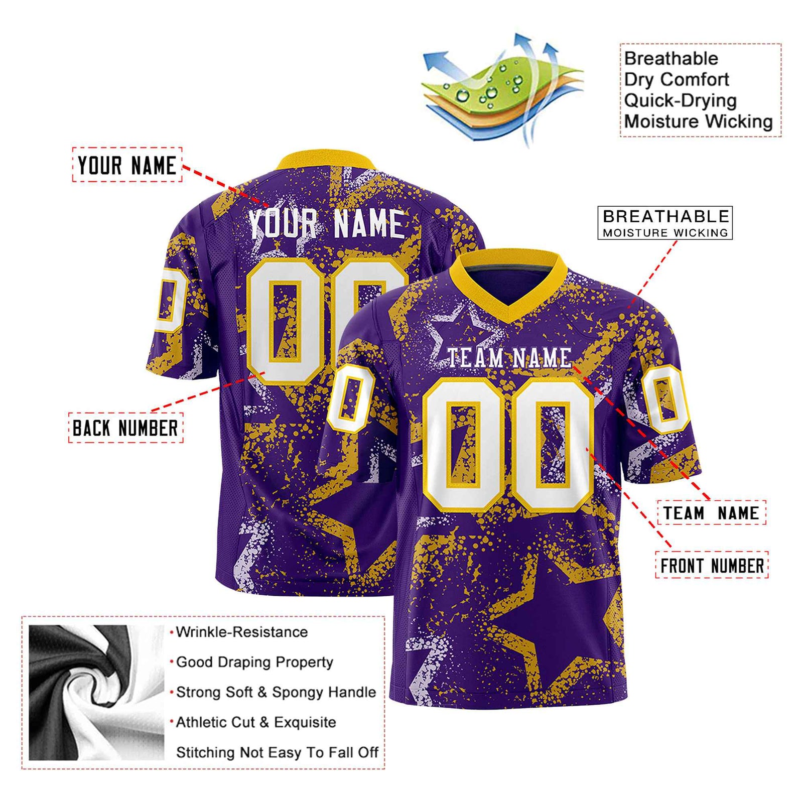 Custom Purple White-Gold Mesh Star Football Jersey