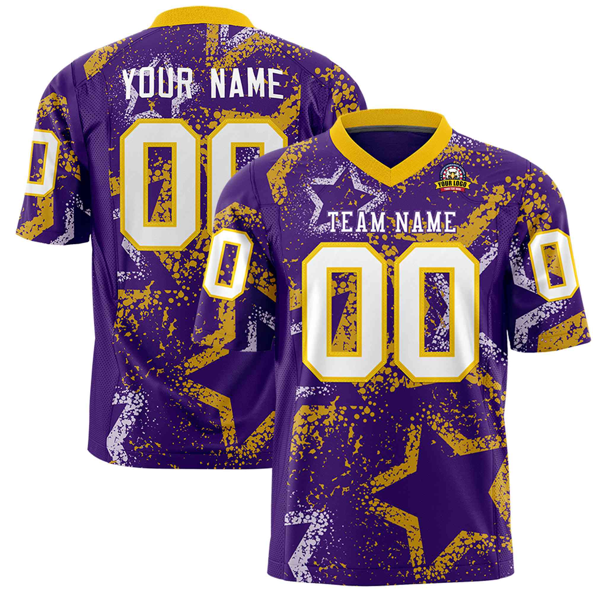 Custom Purple White-Gold Mesh Star Football Jersey