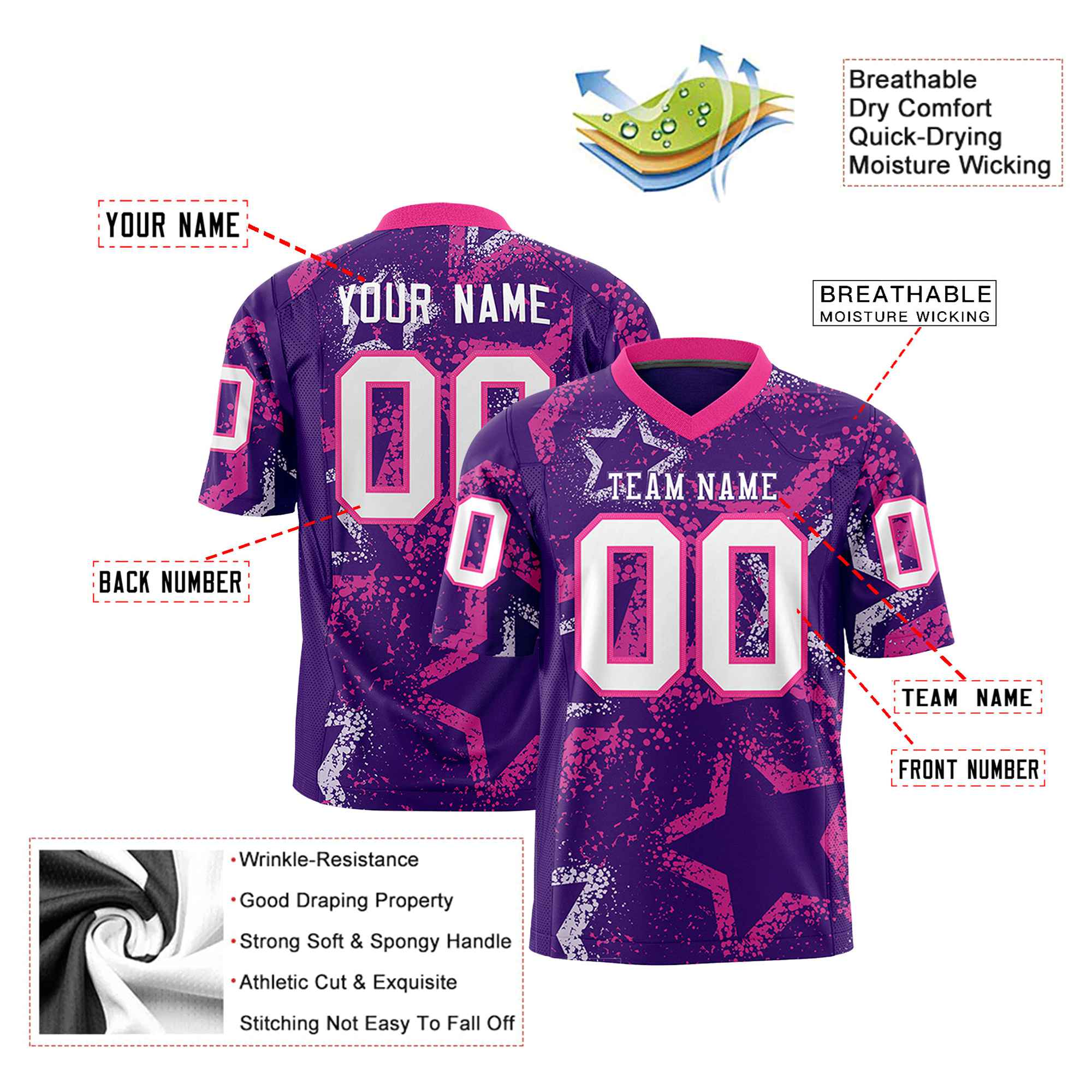 Custom Purple White-Pink Mesh Star Football Jersey