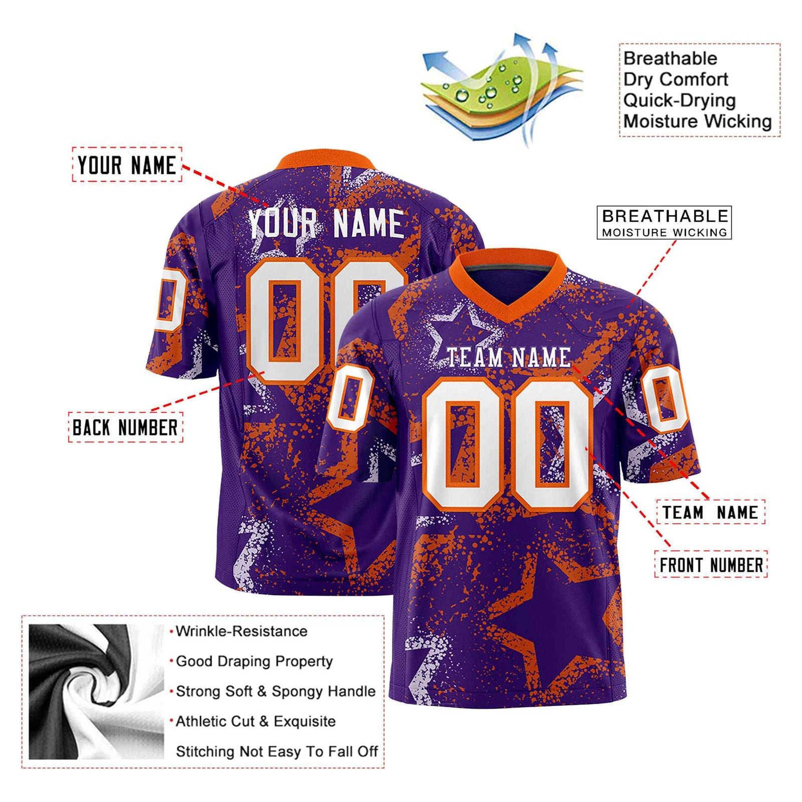 Custom Purple White-Orange Mesh Star Football Jersey