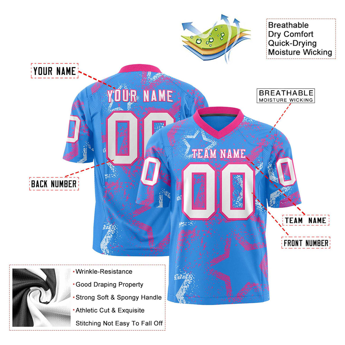 Custom Powder Blue White-Pink Mesh Star Football Jersey