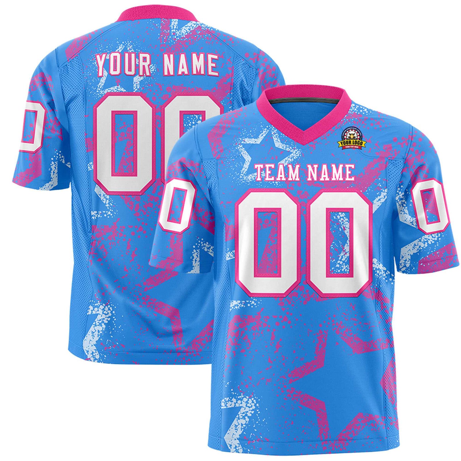 Custom Powder Blue White-Pink Mesh Star Football Jersey