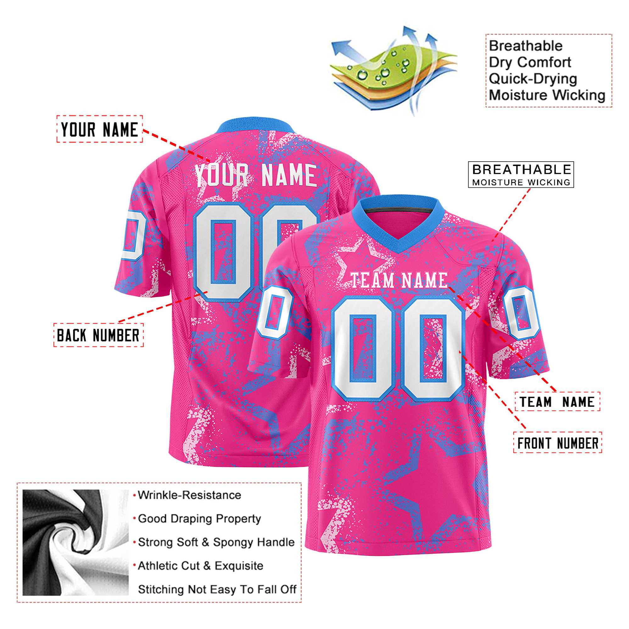 Custom Pink White-Powder Blue Mesh Star Football Jersey