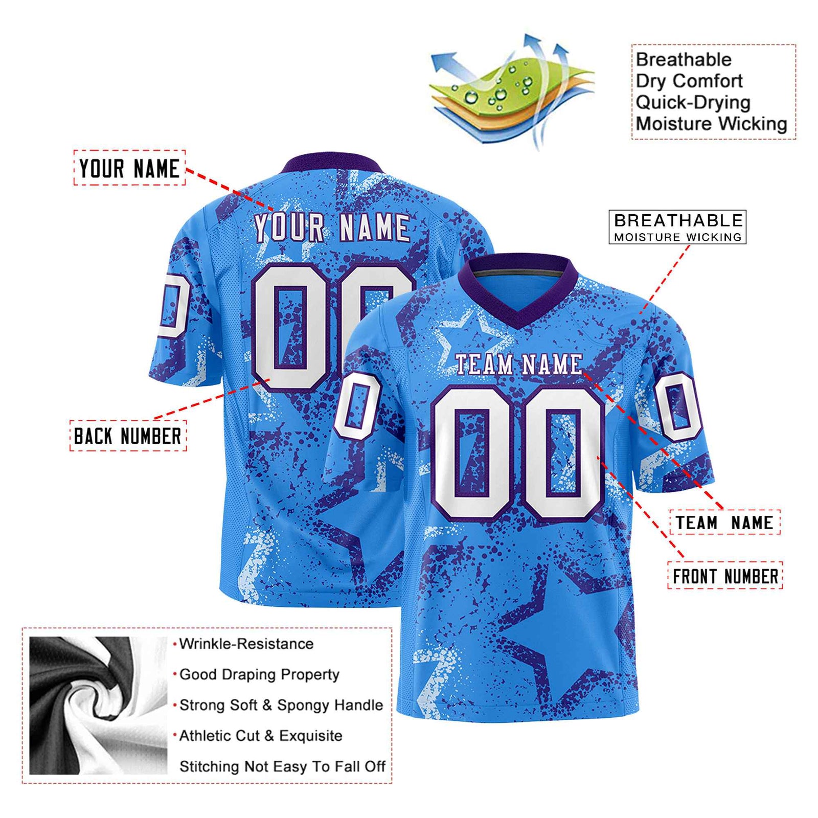 Custom Powder Blue White-Purple Mesh Star Football Jersey