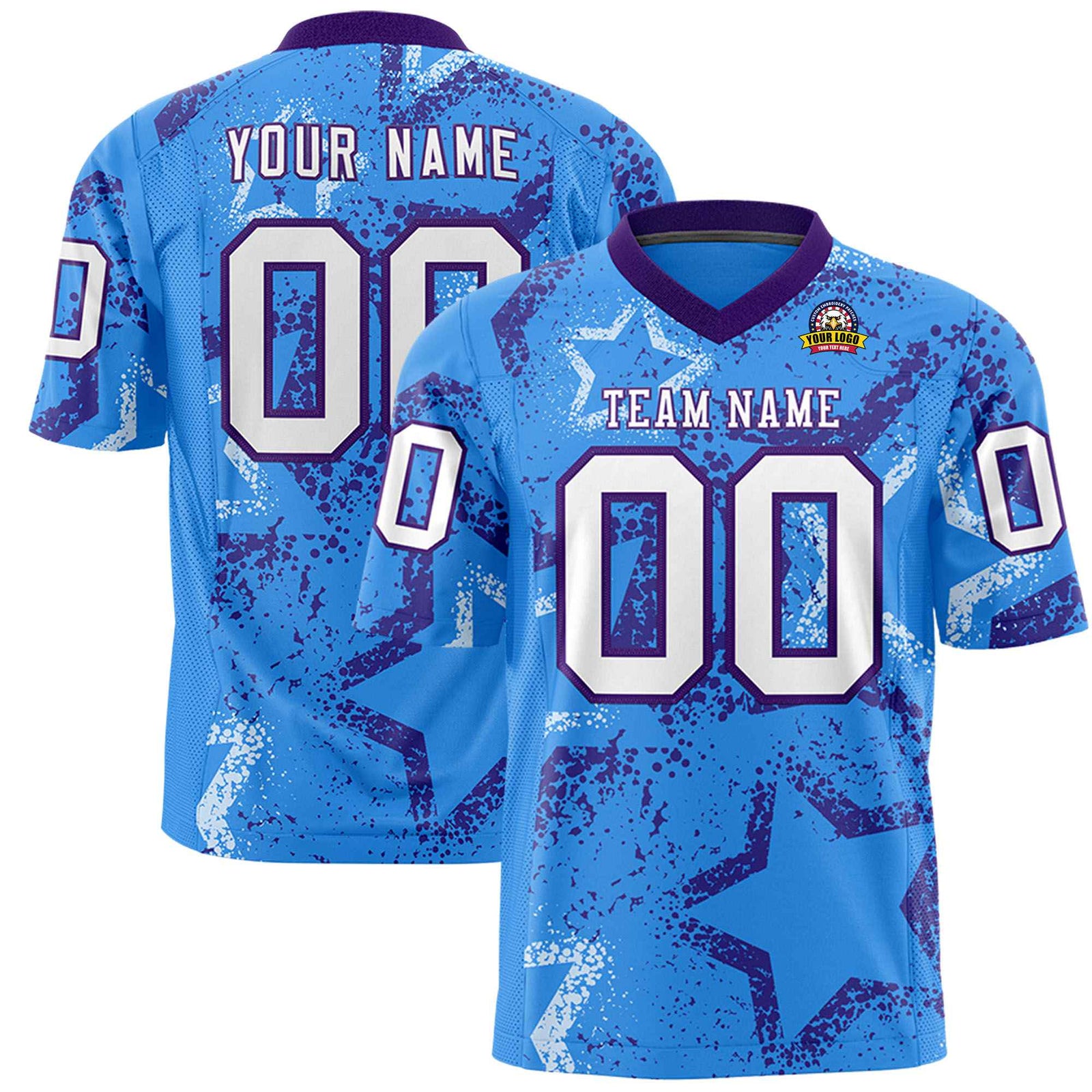 Custom Powder Blue White-Purple Mesh Star Football Jersey