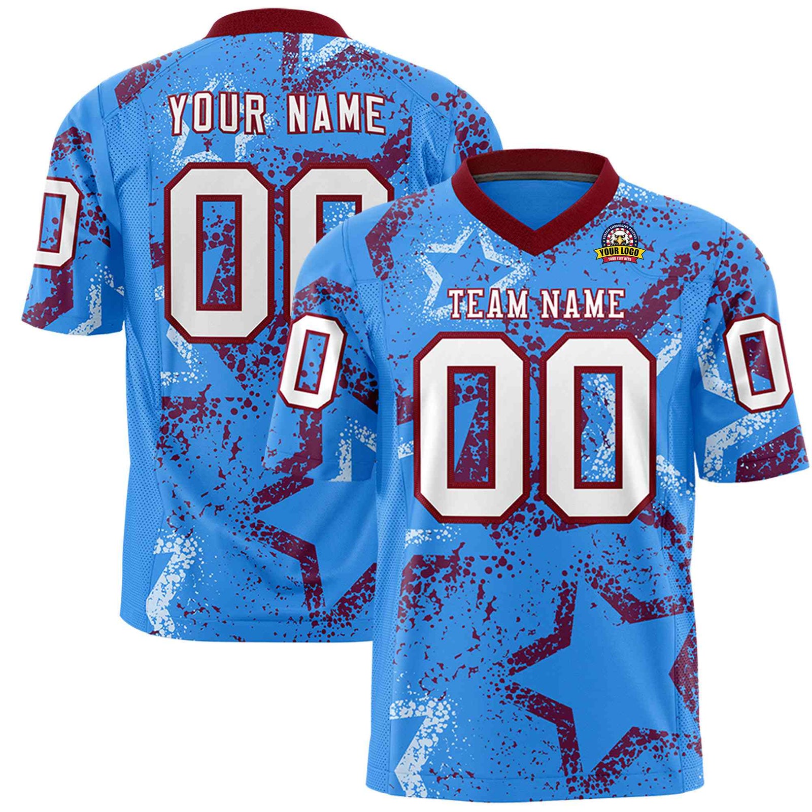 Custom Powder Blue White-Crimson Mesh Star Football Jersey